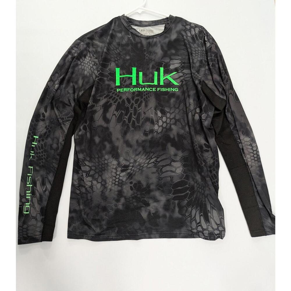 Mens HUK Performance Fishing Black Camo Neon Green Mesh Long Sleeve Shirt Size S